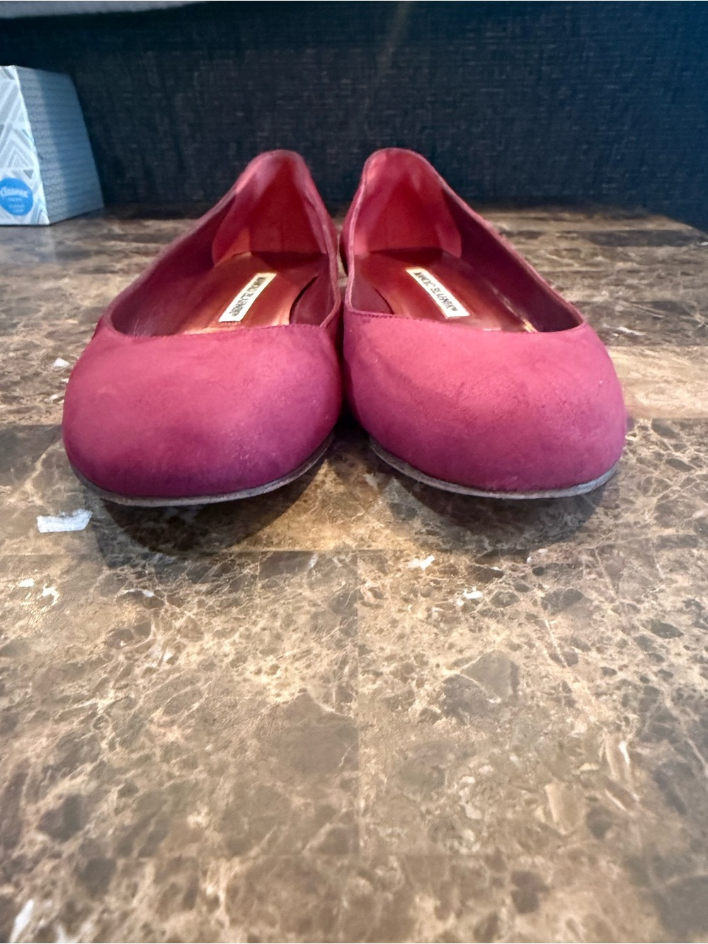 Manolo Blahnik. Burgundy Suede Tere Round-Toe Skimmer Ballet Flat. 37.5. - Picture 7 of 13